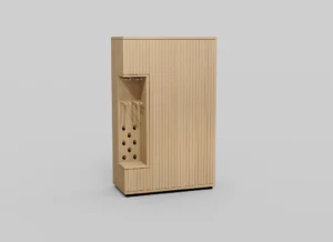 De NAPOLI BAR + PLINT VIT-BERG2 E02M is een hoge, rechthoekige houten kast met verticale groeven en een open gedeelte aan de linkerkant met knijpers en ronde gaten, afgebeeld tegen een effen lichte achtergrond.