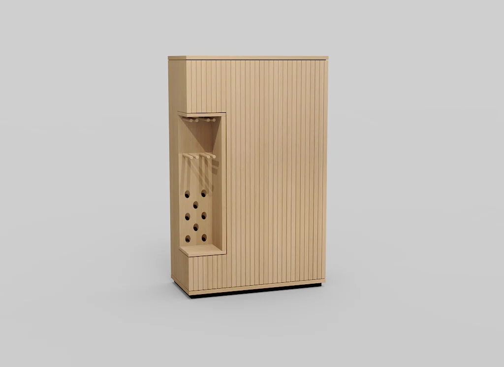 De NAPOLI BAR + PLINT VIT-BERG2 E02M is een hoge, rechthoekige houten kast met verticale groeven en een open gedeelte aan de linkerkant met knijpers en ronde gaten, afgebeeld tegen een effen lichte achtergrond.