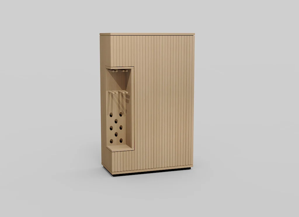 De NAPOLI BAR + PLINT VIT-BERG2 E03M is een hoge, rechthoekige houten kast met verticale groeven en een zijvak met knijpers en gaten voor opslag, tegen een effen lichte achtergrond.