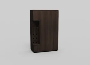 De NAPOLI BAR + PLINT VIT-BERG2 E70M is een donker houten kastje met verticale groeven, een zijgedeelte met ronde gaten en een plankje, tegen een effen lichtgrijze achtergrond.