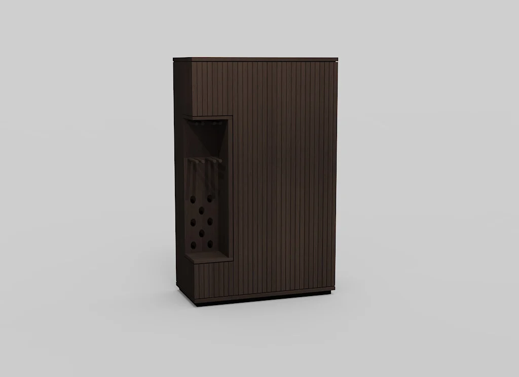 De NAPOLI BAR + PLINT VIT-BERG2 E70M is een donker houten kastje met verticale groeven, een zijgedeelte met ronde gaten en een plankje, tegen een effen lichtgrijze achtergrond.