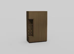 De NAPOLI BAR + PLINT VIT-BERG2 E55M is een bruine, rechthoekige verticale opbergkast met een geïntegreerd wijnflessenrek tegen een effen lichtgrijze achtergrond.