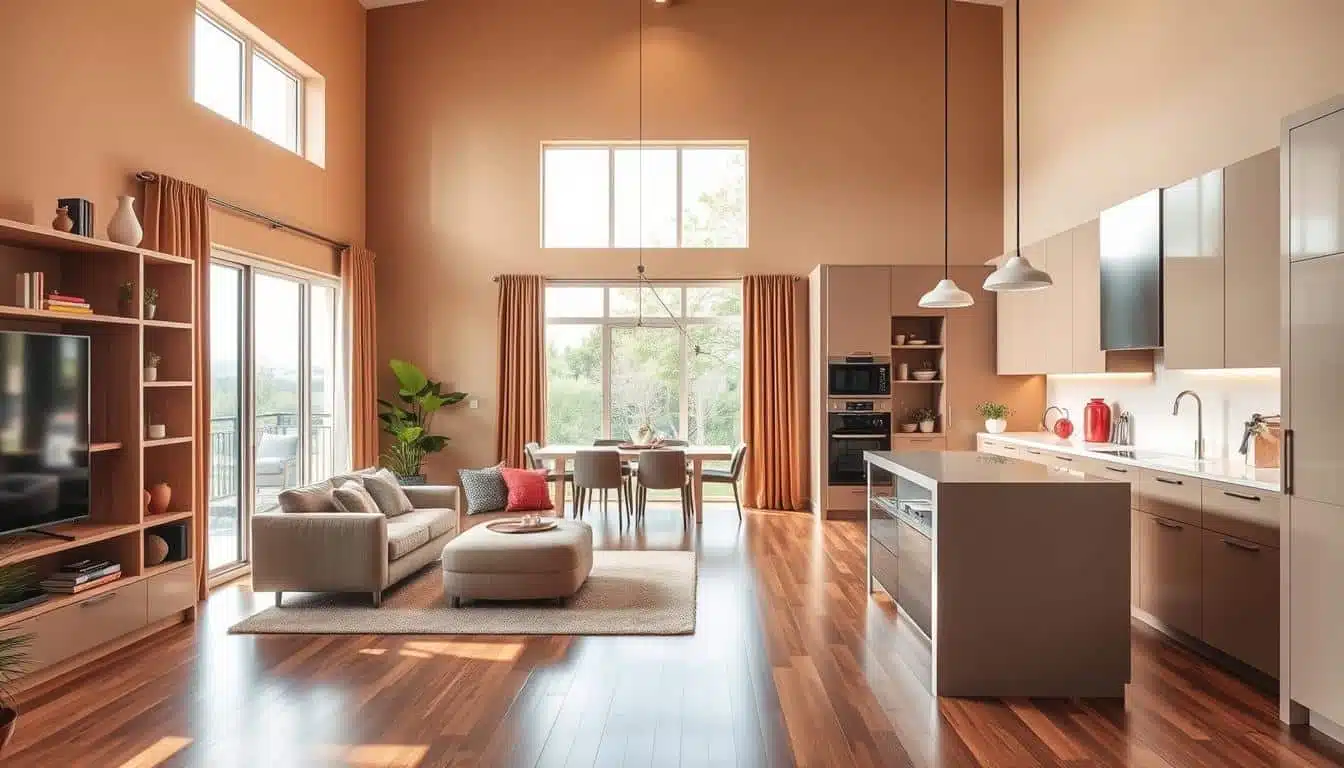 kleine woonkamer en een open keuken