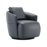 De Alice Fauteuil is een moderne draaistoel met een gewatteerd ontwerp, licht achteroverleunende rugleuning en donkergrijze stof. Hij heeft afgeronde randen en een minimalistische stijl, perfect voor hedendaagse interieurs.
