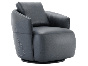 De Alice Fauteuil is een moderne draaistoel met een gewatteerd ontwerp, licht achteroverleunende rugleuning en donkergrijze stof. Hij heeft afgeronde randen en een minimalistische stijl, perfect voor hedendaagse interieurs.