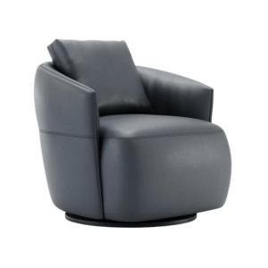 De Alice Fauteuil is een moderne draaistoel met een gewatteerd ontwerp, licht achteroverleunende rugleuning en donkergrijze stof. Hij heeft afgeronde randen en een minimalistische stijl, perfect voor hedendaagse interieurs.