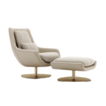 De ELBA Fauteuil is een eigentijdse beige fauteuil met een ottomane. Beide hebben gewatteerde zittingen en metalen draaibare bases, wat een strak, comfortabel ontwerp biedt dat ideaal is voor moderne ruimtes.