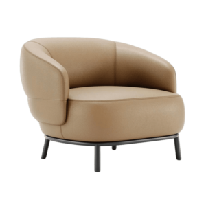 De Julia Fauteuil is een eigentijdse fauteuil met een ronde, zachte zitting en rugleuning, bruine bekleding en strakke zwarte metalen poten voor een moderne look.