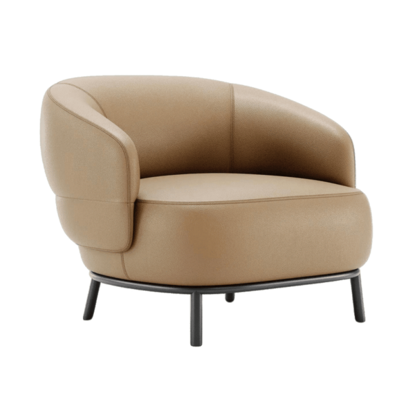 De Julia Fauteuil is een eigentijdse fauteuil met een ronde, zachte zitting en rugleuning, bruine bekleding en strakke zwarte metalen poten voor een moderne look.