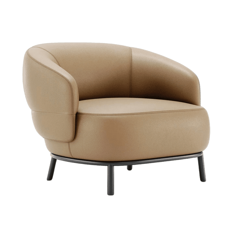 De Julia Fauteuil is een eigentijdse fauteuil met een ronde, zachte zitting en rugleuning, bruine bekleding en strakke zwarte metalen poten voor een moderne look.