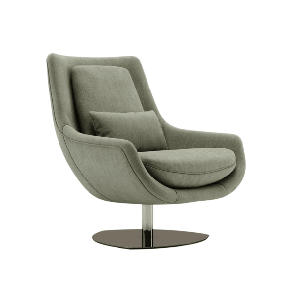 Maak kennis met de ELBA Fauteuil: een stijlvolle grijze draaistoel met een hoge rugleuning en kussen. Met zijn strakke, gebogen ontwerp op een ronde metalen basis voegt hij comfort en elegantie toe aan elke hedendaagse setting.
