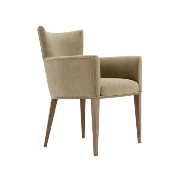 De Vianna Stoel met Armleuningen is een beige fauteuil met een zachte zitting, ondersteunende rugleuning en houten poten. De moderne elegantie past zowel in de eetkamer als in de woonkamer.