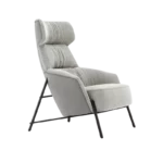 De Hubert Fauteuil is een moderne grijze fauteuil met een hoge rugleuning, structuurstof en schuine zwarte metalen poten. Het heeft prominente demping voor comfort, wat een strak en eigentijds design benadrukt.