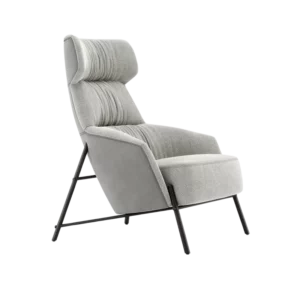 De Hubert Fauteuil is een moderne grijze fauteuil met een hoge rugleuning, structuurstof en schuine zwarte metalen poten. Het heeft prominente demping voor comfort, wat een strak en eigentijds design benadrukt.