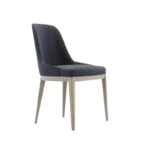 De eetkamerstoel Anna Stoel - Houten Poten straalt moderne elegantie uit met zijn donker gestoffeerde zitting en rugleuning, die perfect worden geaccentueerd door de lichte houten poten, het geheel afgezet tegen een witte achtergrond.