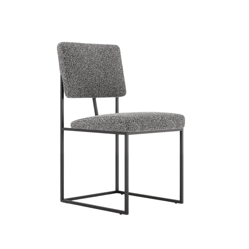 De Gram Stoel is een minimalistische stoel met een rechthoekige rugleuning en een zitting van structuurgrijze stof, ondersteund door een strak zwart metalen frame.