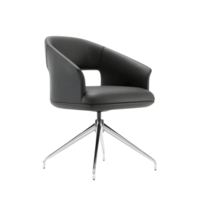 De Jermain Metalen Draaistoel is een stijlvolle bureaustoel met een donkere stoffen bekleding, gebogen rugleuning en armleuningen. Hij heeft een moderne chromen draaivoet met vier poten, die zowel comfort als een eigentijds design biedt.