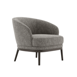 De Ruth Fauteuil is een moderne grijze stoffen fauteuil met een gebogen rugleuning en een gewatteerde zitting, elegant ondersteund door vier donkere houten poten. Het minimalistische ontwerp past moeiteloos in elk interieur en biedt eigentijdse stijl en comfort.