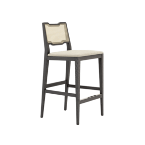 De Eva Barkruk heeft een minimalistisch ontwerp met een houten frame, een lichtgekleurde, gevoerde zitting, een rieten rugleuning, stevige vier poten en twee voetenbankjes voor comfort en stabiliteit.