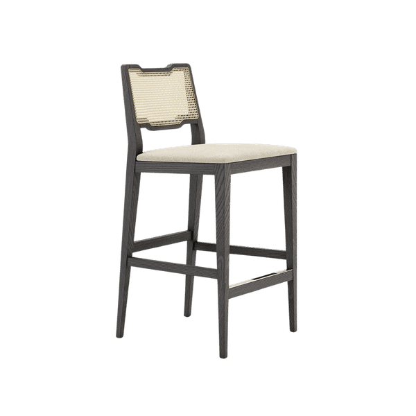 De Eva Barkruk heeft een minimalistisch ontwerp met een houten frame, een lichtgekleurde, gevoerde zitting, een rieten rugleuning, stevige vier poten en twee voetenbankjes voor comfort en stabiliteit.