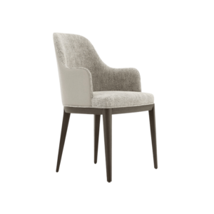De Anna Stoel Met Armleuning - Houten Poten is een stijlvolle, moderne fauteuil met een zachte lichtgrijze stoffen zitting en rugleuning, een donkerhouten frame en taps toelopende poten die comfort combineren met modern design.