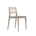 De Eva Stoel is een stijlvolle, moderne houten stoel met een gladde zitting, een rugleuning van gevlochten rotan en strakke, schuine poten die natuurlijke texturen combineren voor een eigentijdse look.