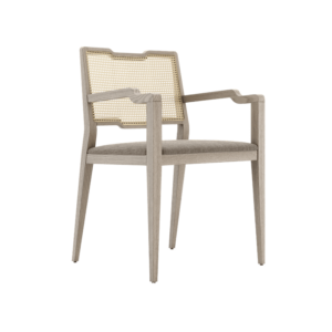 Maak kennis met de Eva Stoel met Armleuningen: een minimalistische designstoel met een houten frame met armleuningen, een beige rieten rugleuning, een gladde afwerking en een lichte, stevige constructie voor een elegante touch die stijl en comfort naadloos combineert.