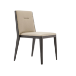 Geïnspireerd door Frank Stoel, heeft deze moderne eetkamerstoel een beige gestoffeerde zitting en rugleuning met een strak, minimalistisch design. De poten en het frame zijn van donker hout, waardoor hij ideaal is voor hedendaagse interieurs.