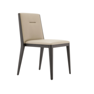 Geïnspireerd door Frank Stoel, heeft deze moderne eetkamerstoel een beige gestoffeerde zitting en rugleuning met een strak, minimalistisch design. De poten en het frame zijn van donker hout, waardoor hij ideaal is voor hedendaagse interieurs.