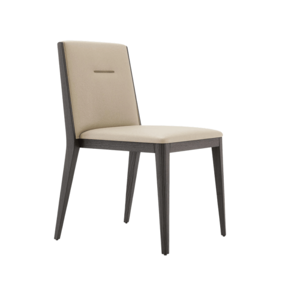 Geïnspireerd door Frank Stoel, heeft deze moderne eetkamerstoel een beige gestoffeerde zitting en rugleuning met een strak, minimalistisch design. De poten en het frame zijn van donker hout, waardoor hij ideaal is voor hedendaagse interieurs.