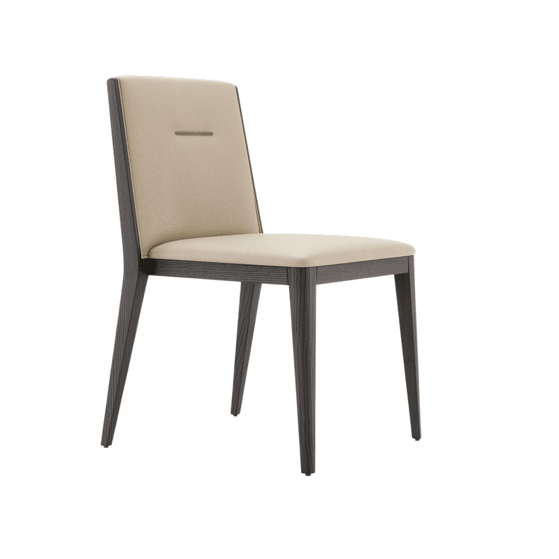 Geïnspireerd door Frank Stoel, heeft deze moderne eetkamerstoel een beige gestoffeerde zitting en rugleuning met een strak, minimalistisch design. De poten en het frame zijn van donker hout, waardoor hij ideaal is voor hedendaagse interieurs.