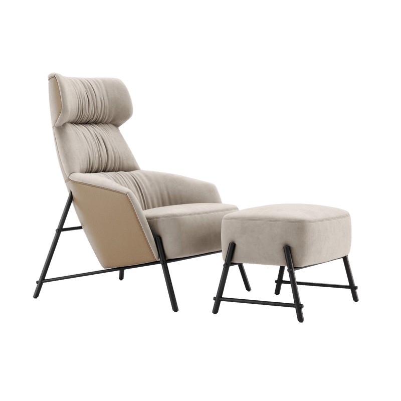 Een beige fauteuil met een hoge, gewatteerde rugleuning en een strak design, gecombineerd met een Hubert Voetensteun ottoman. Beide stukken hebben zwarte metalen poten tegen een witte achtergrond.