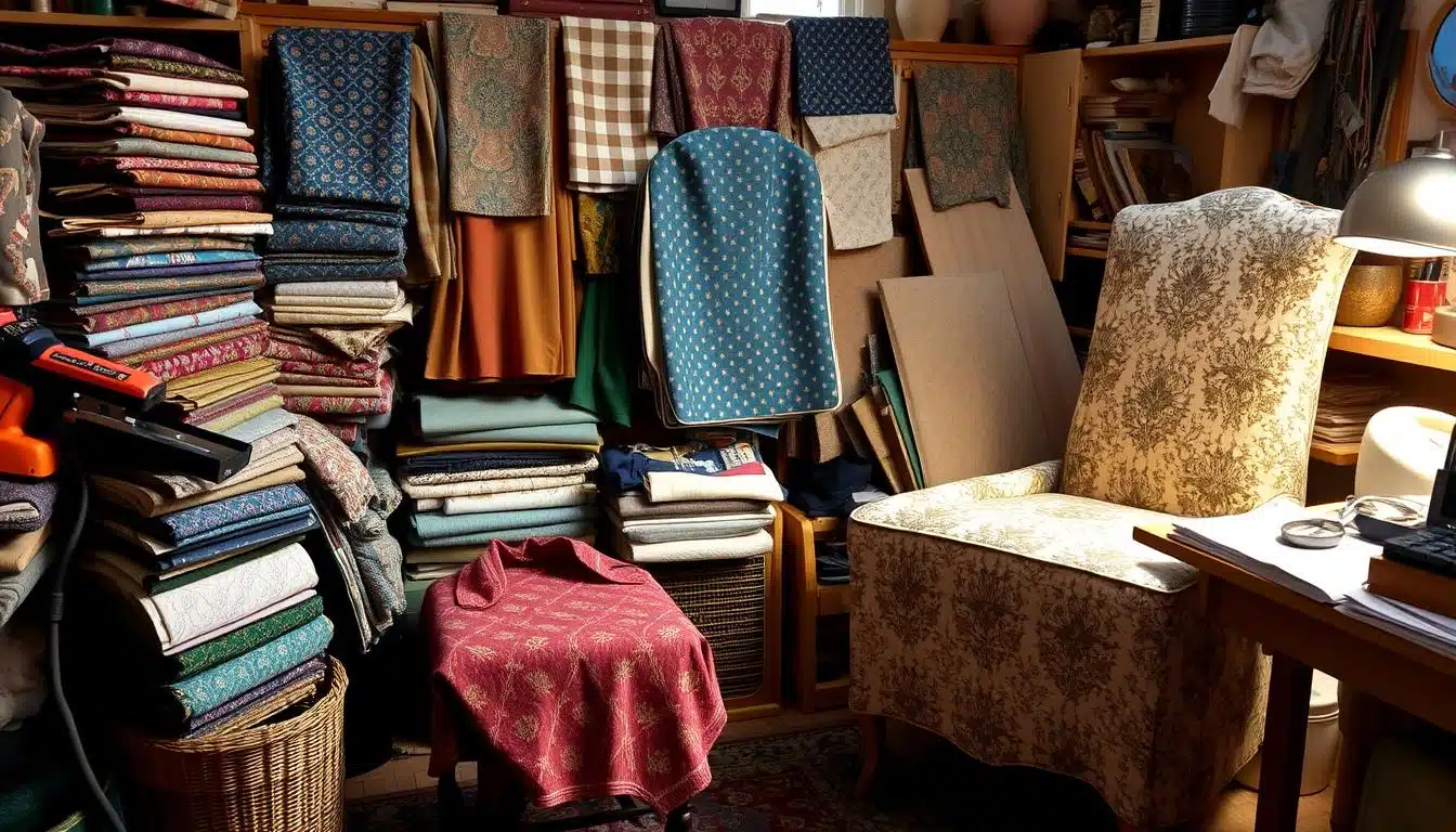 Een rommelige stoffenwinkel met stapels stoffen met patronen, geordend op kleur en design. Een stoel, onlangs herstoffeerd in een bloemenprint, staat rechts naast een houten bureau met een lamp, wat de gezellige sfeer versterkt.