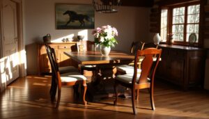 Een gezellige eetkamer heeft een houten tafel, die de vele redenen benadrukt om voor zon blijvende klassieker te kiezen. Zes stoelen omringen de tafel, terwijl er een vaas met roze bloemen op staat. Zonlicht stroomt door het raam en werpt schaduwen op de vloer. Een schilderij van een paard en houten kasten sieren de muren.