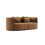 De Chloe 2-zits is een moderne, bruine bank met een gebogen design en gladde stof met bijpassende kussens. De minimalistische stijl en dubbele zitting maken hem ideaal voor hedendaagse interieurs.