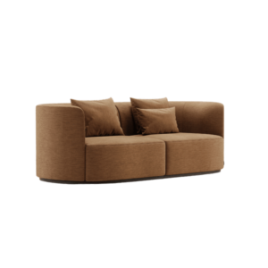 De Chloe 2-zits is een moderne, bruine bank met een gebogen design en gladde stof met bijpassende kussens. De minimalistische stijl en dubbele zitting maken hem ideaal voor hedendaagse interieurs.