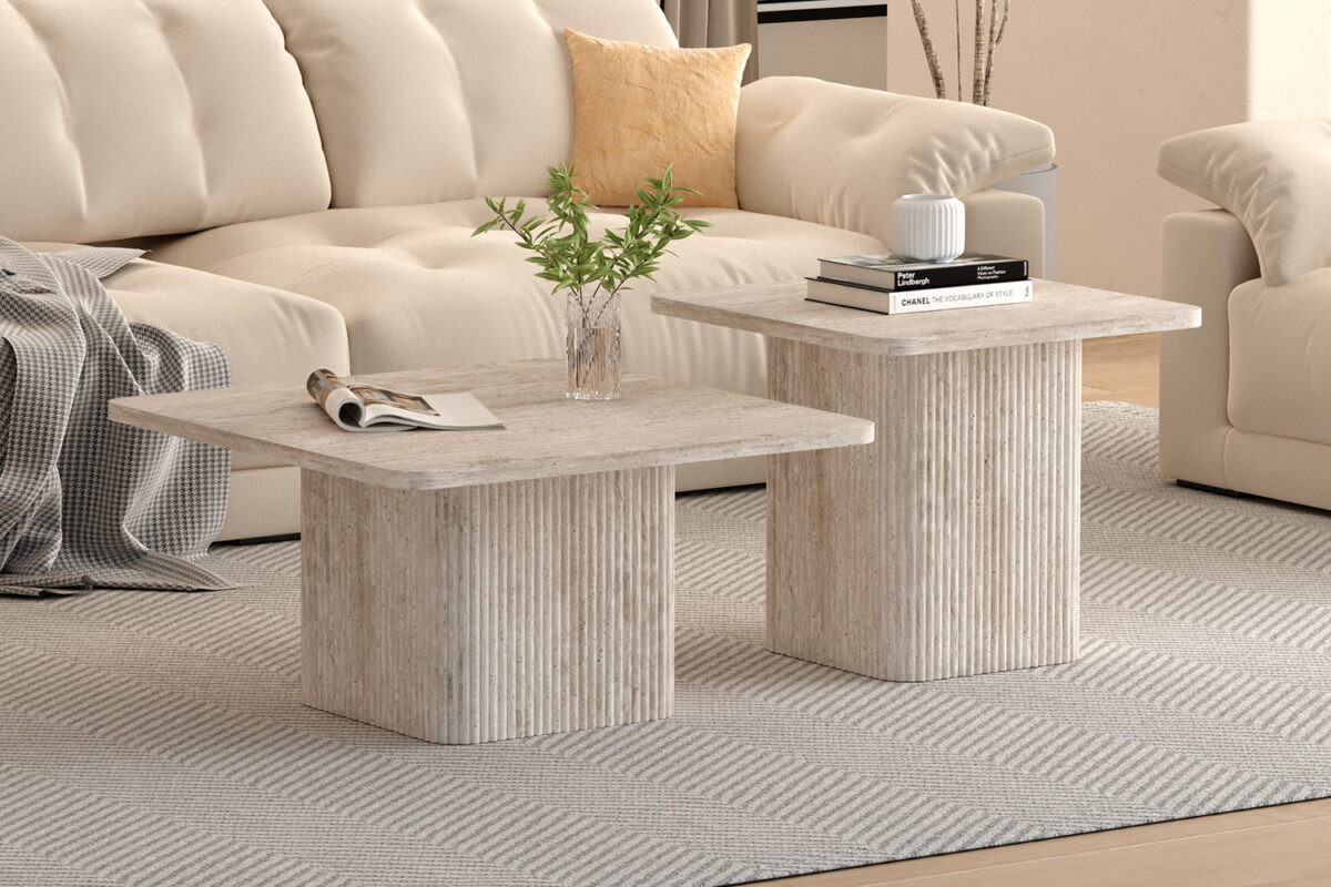 Salontafels Rimini Set van 2 travertinlook beige Japandi