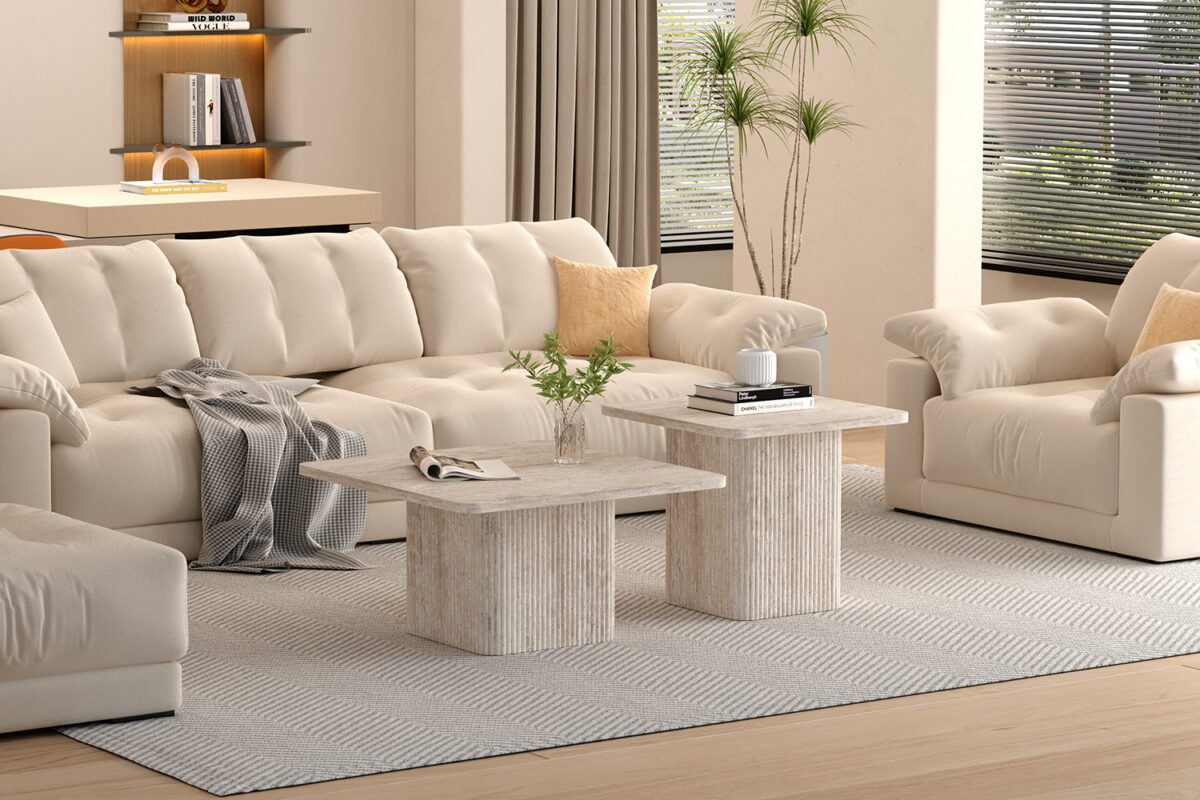 Salontafels Rimini Set van 2 travertinlook beige Japandi – foto 2
