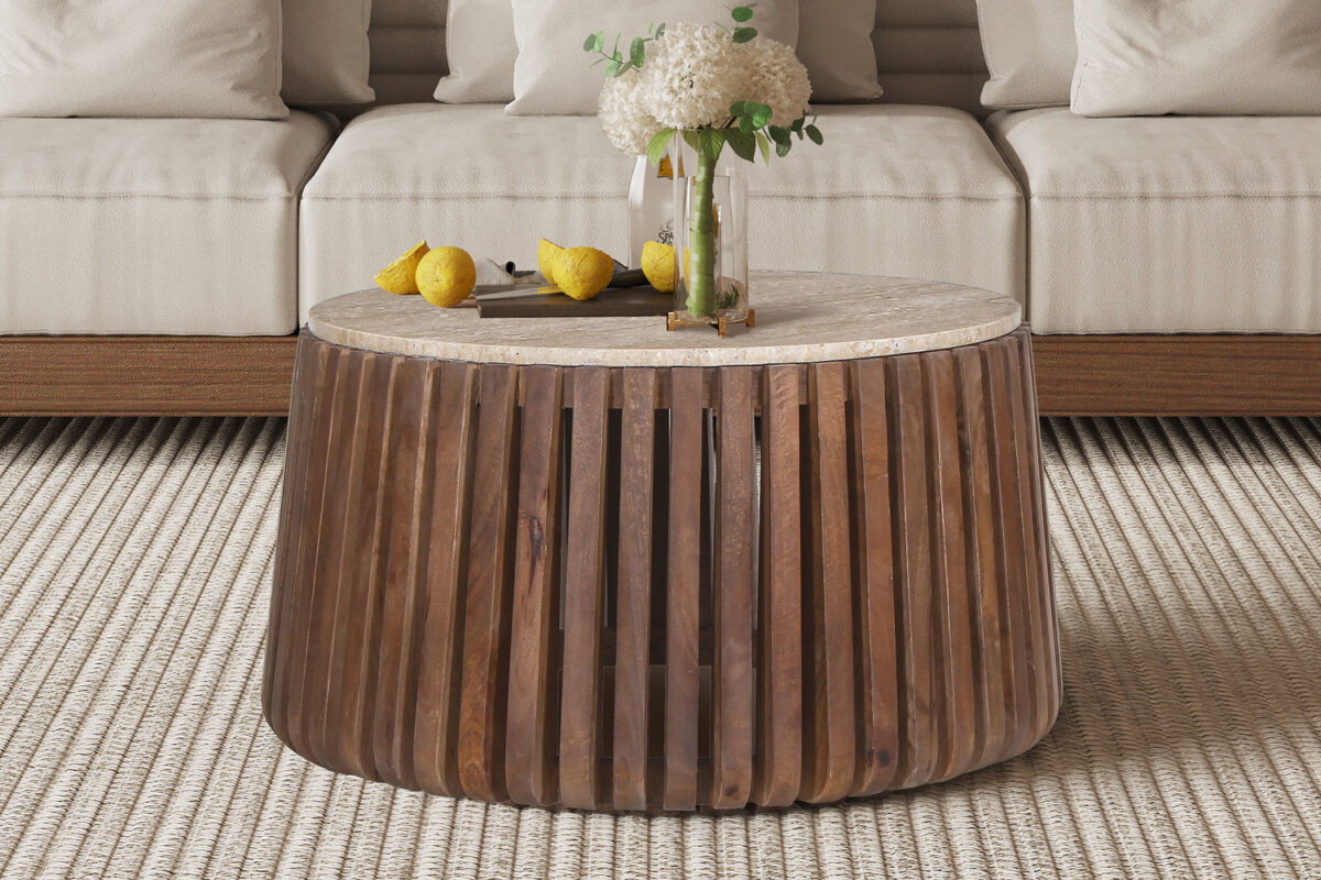 Salontafel Leuven Rond 70 cm mangohout travertin Japandi