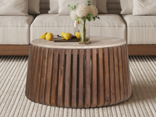 Salontafel Leuven Rond 70 cm mangohout travertin Japandi