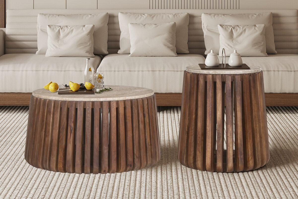Salontafel Leuven Rond 70 cm mangohout travertin Japandi – foto 2