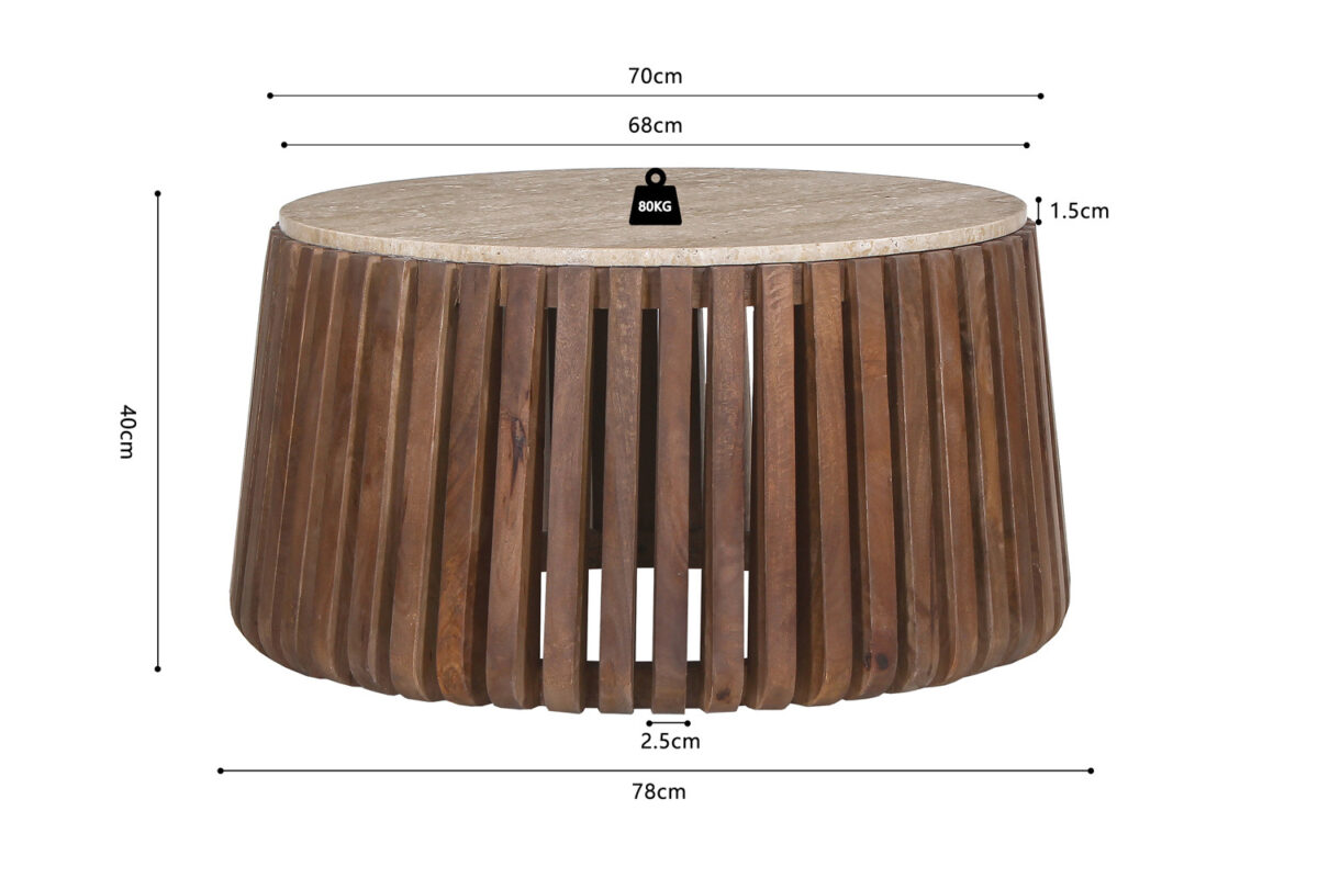Salontafel Leuven Rond 70 cm mangohout travertin Japandi – foto 6