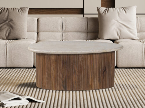 Salontafel Biarritz Ovaal 90 cm mangohout travertin Japandi