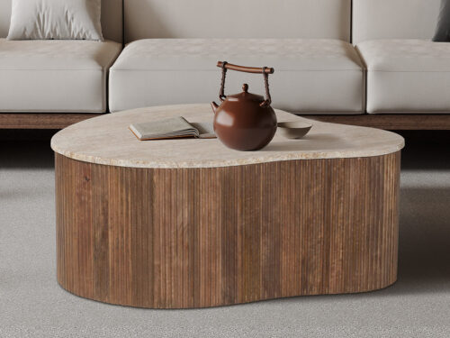 Salontafel Positano Organisch 83 cm mangohout travertin Japandi