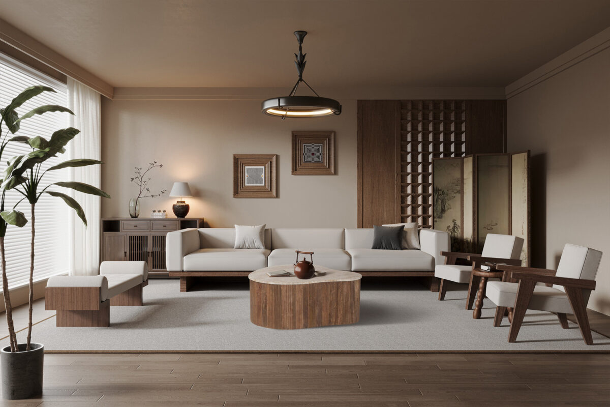 Salontafel Positano Organisch 83 cm mangohout travertin Japandi – foto 2