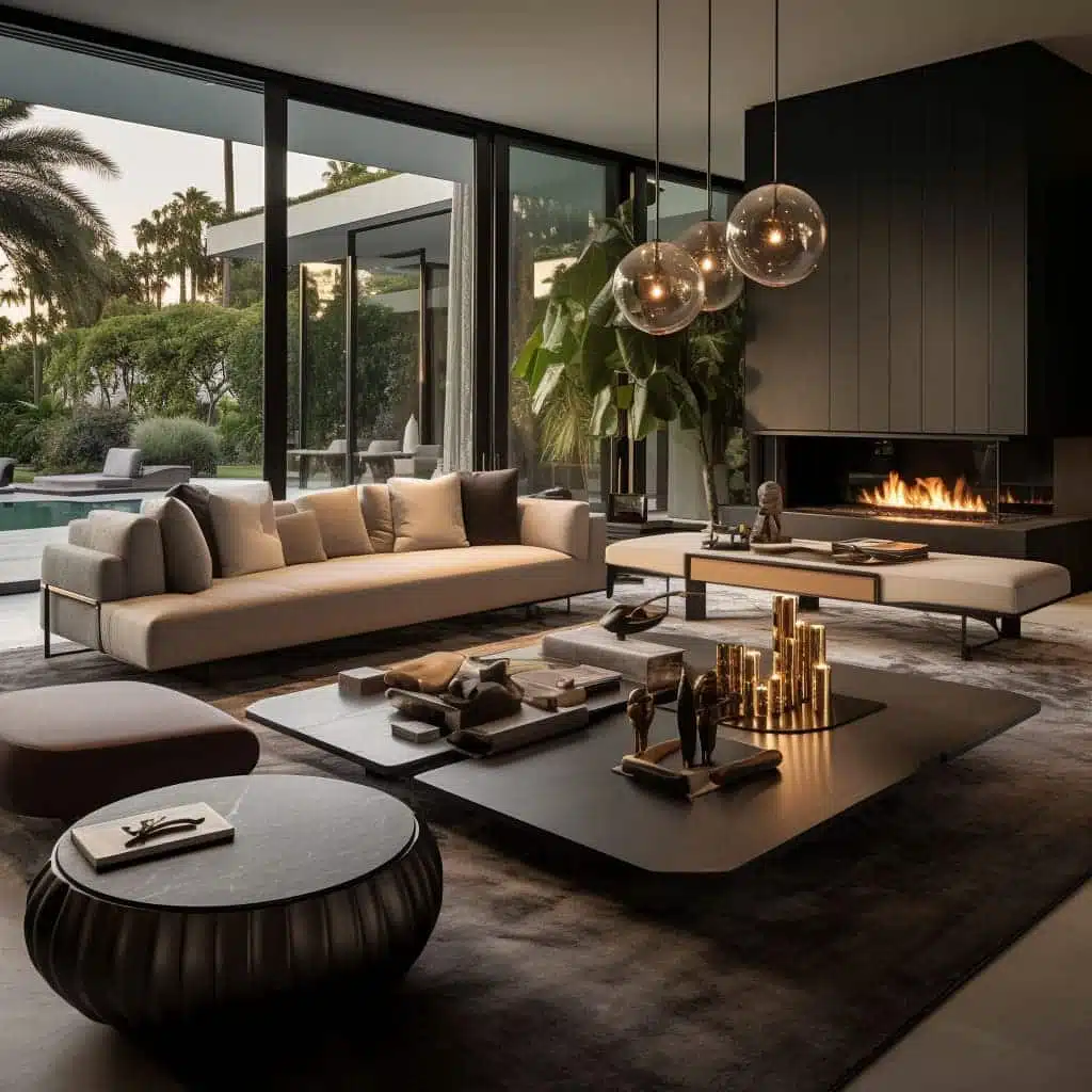 Een moderne woonkamer met grote glazen deuren die uitkomen op een tuin met palmbomen. De kamer beschikt over een gezellige open haard, minimalistische meubels, lage tafels met decoratieve items en stijlvolle hanglampen. Buiten is een zwembad zichtbaar.