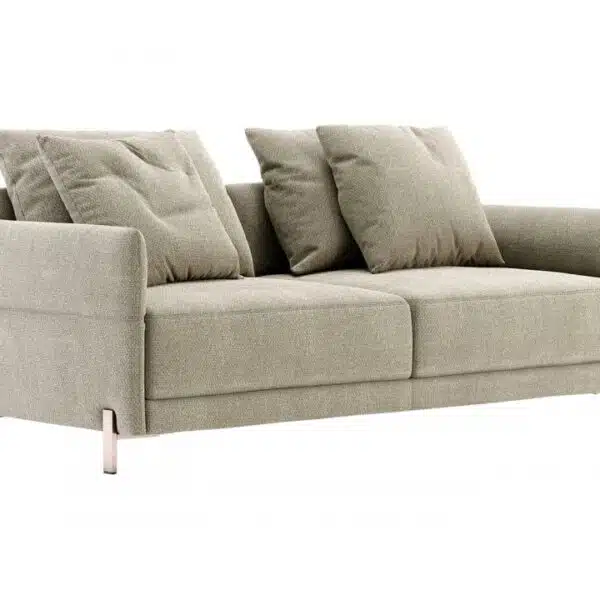 De Matthew 2-zitsbank is een lichtgroene bank met twee zitkussens, vier zachte rugkussens, rechte armen en metalen poten. Het toont een minimalistisch en modern design, ideaal voor hedendaagse woonruimtes.