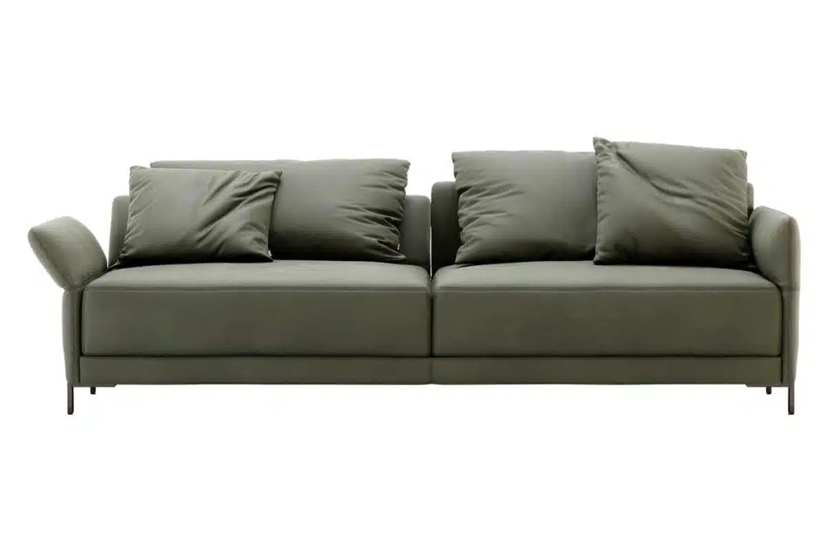 De Matthew 3-zitsbank is een moderne olijfgroene bank met vier bijpassende kussens en slanke zwarte poten, ideaal voor elke leefruimte. Het eenvoudige, eigentijdse ontwerp heeft licht gekantelde armleuningen die zowel stijl als comfort bieden.