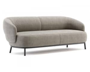 De Juliet 2-zitsbank is een moderne, grijze stoffen tweezitsbank met een ronde rugleuning en armleuningen, voorzien van een strak zwart metalen onderstel met vier poten, afgezet tegen een witte achtergrond voor een elegante uitstraling.