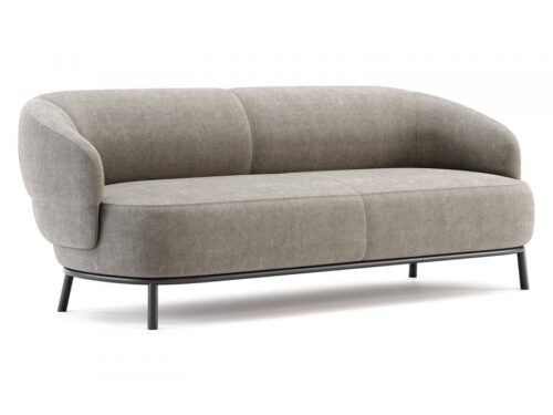 De Juliet 2-zitsbank is een moderne, grijze stoffen tweezitsbank met een ronde rugleuning en armleuningen, voorzien van een strak zwart metalen onderstel met vier poten, afgezet tegen een witte achtergrond voor een elegante uitstraling.